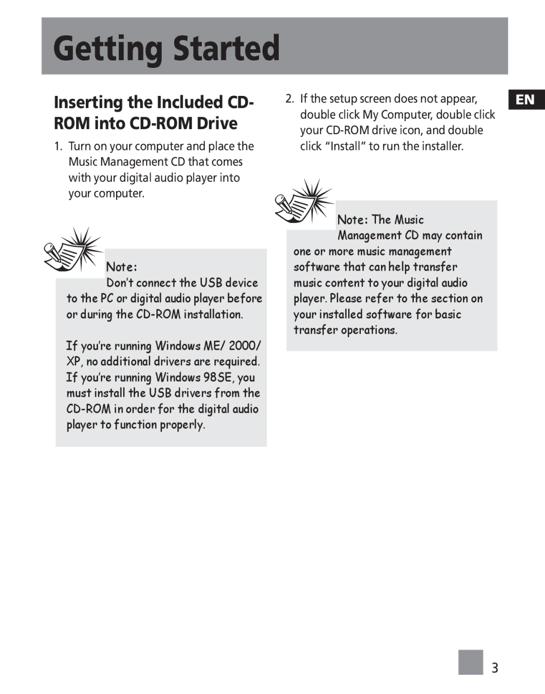 RCA MC2502, M2501, M2500, M2502, MC2501, MC2500 user manual Getting Started, Inserting the Included CD- ROM into CD-ROM Drive 