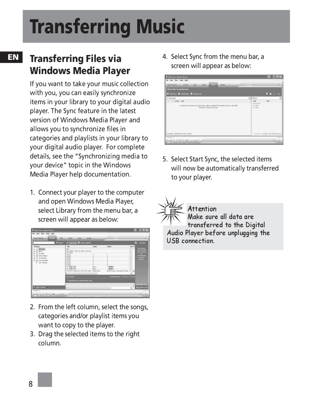 RCA MC2501, M2501, M2500, M2502, MC2500, MC2502 user manual EN Transferring Files via Windows Media Player 