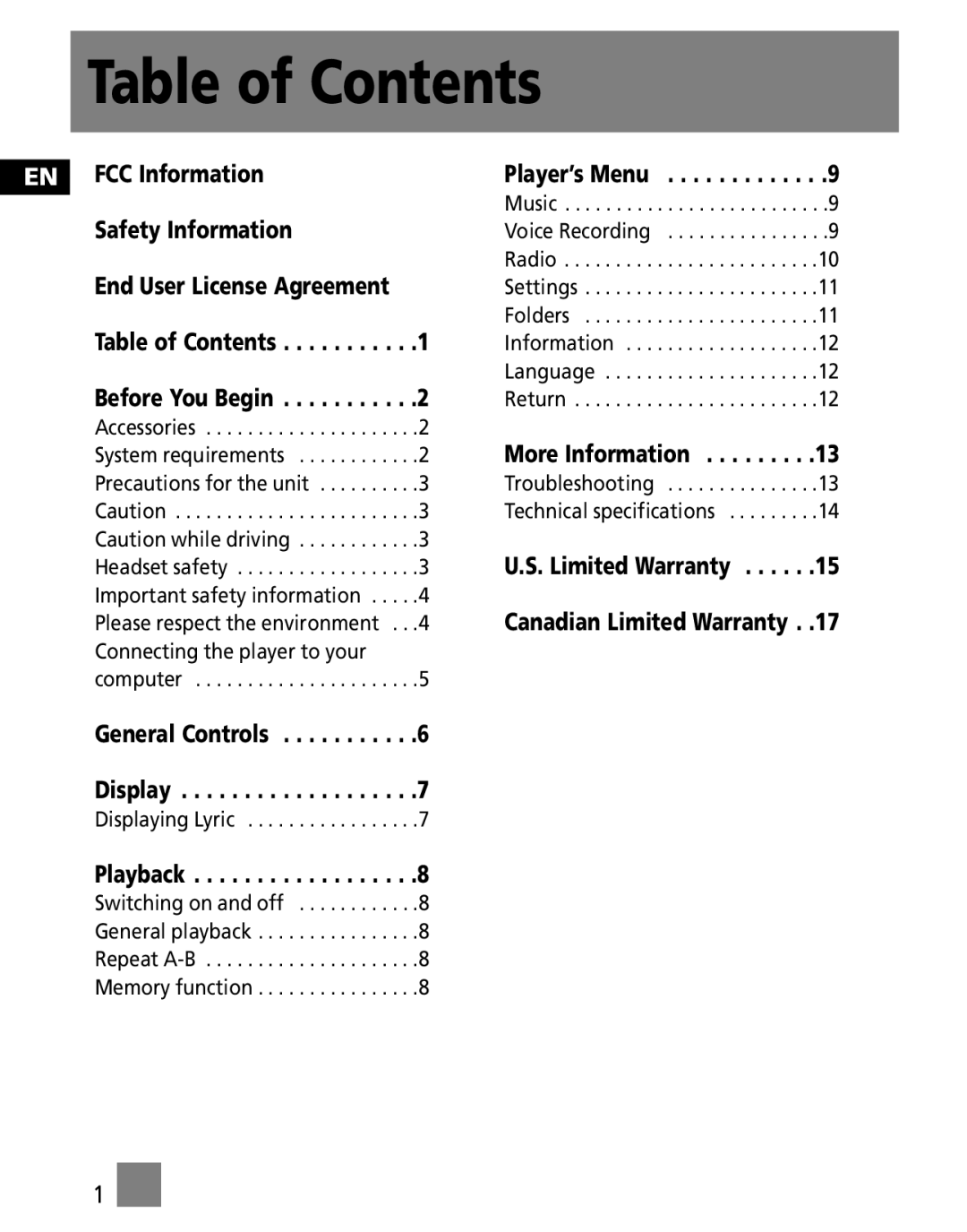 RCA M3000, M3001, MC3001, MC3000 user manual Table of Contents 