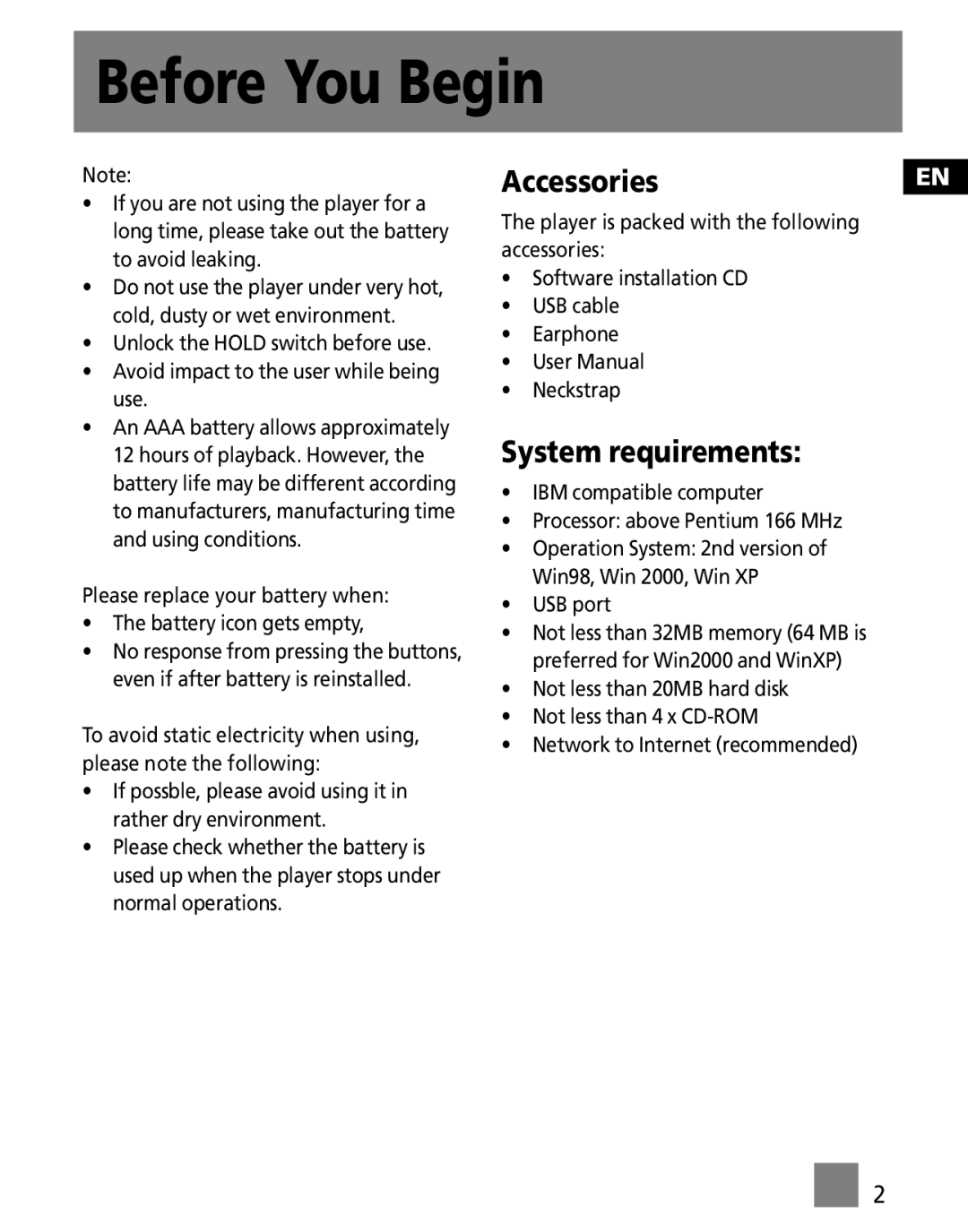 RCA MC3000, M3000, M3001, MC3001 user manual Before You Begin, AccessoriesEN, System requirements 