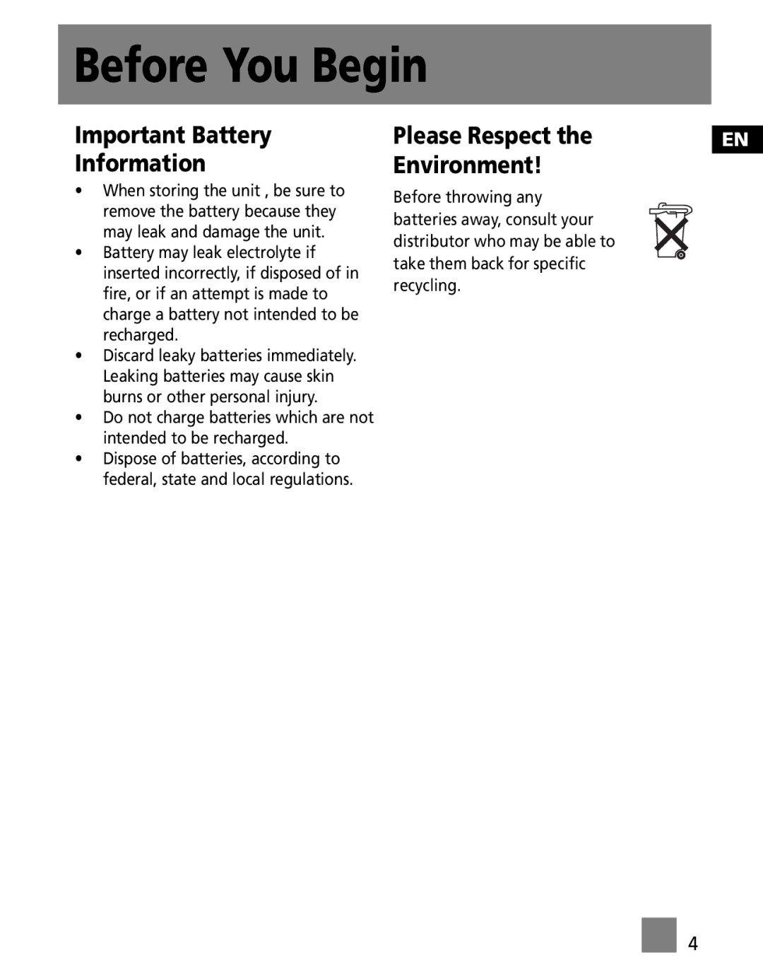 RCA M3001, M3000, MC3001, MC3000 user manual Important Battery Information, Please Respect Environment 