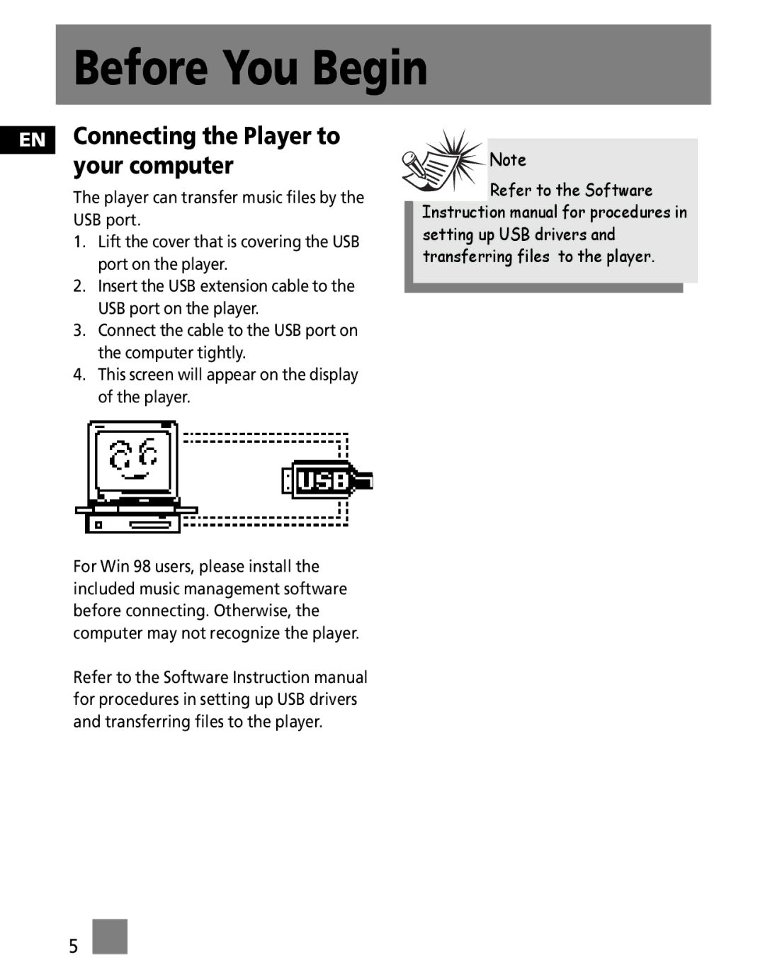 RCA M3000, M3001, MC3001, MC3000 user manual EN Connecting the Player to your computer 