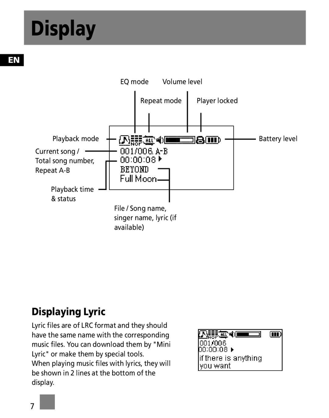 RCA M3000, M3001, MC3001, MC3000 user manual Displaying Lyric 