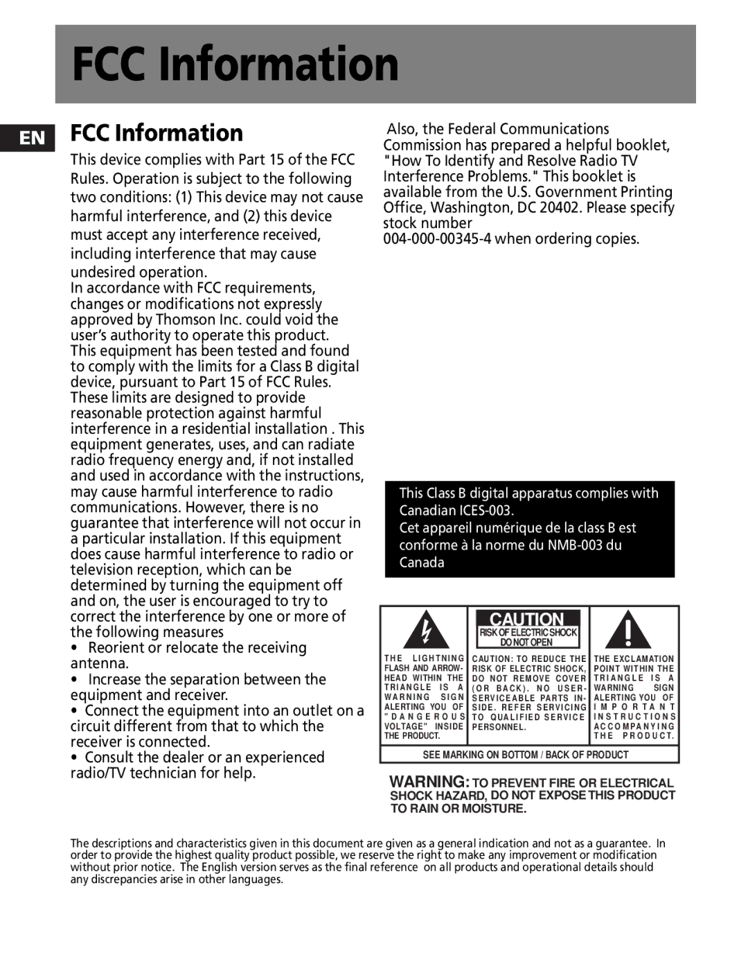 RCA M3000, M3001, MC3001, MC3000 user manual EN FCC Information 