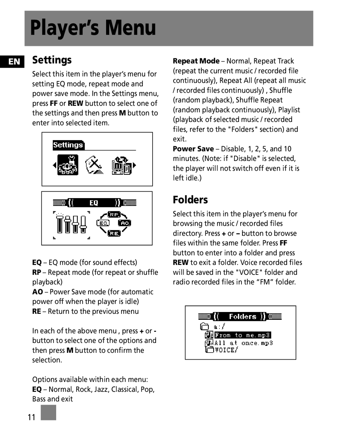 RCA M3000, M3001, MC3001, MC3000 user manual EN Settings, Folders 