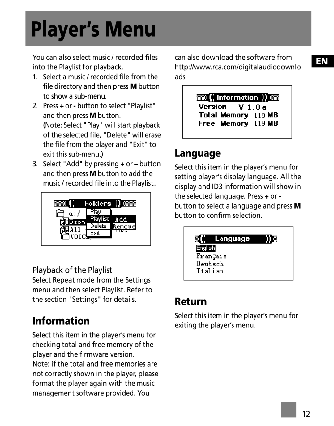 RCA MC3001, M3000, M3001, MC3000 user manual Language, Return 