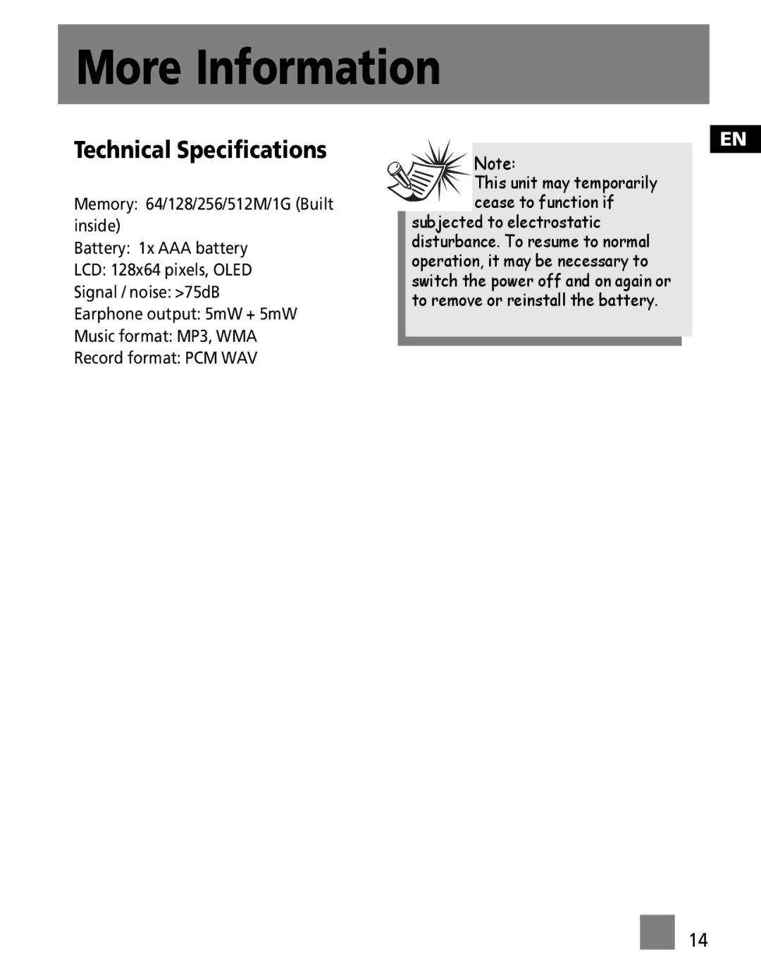 RCA MC3000, M3000, M3001, MC3001 user manual Technical Specifications 