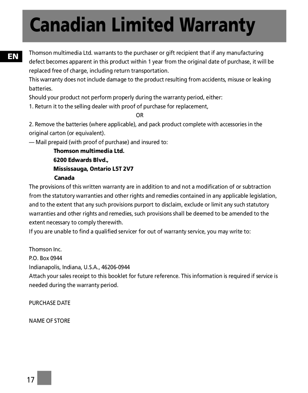 RCA M3000, M3001, MC3001, MC3000 user manual Canadian Limited Warranty 