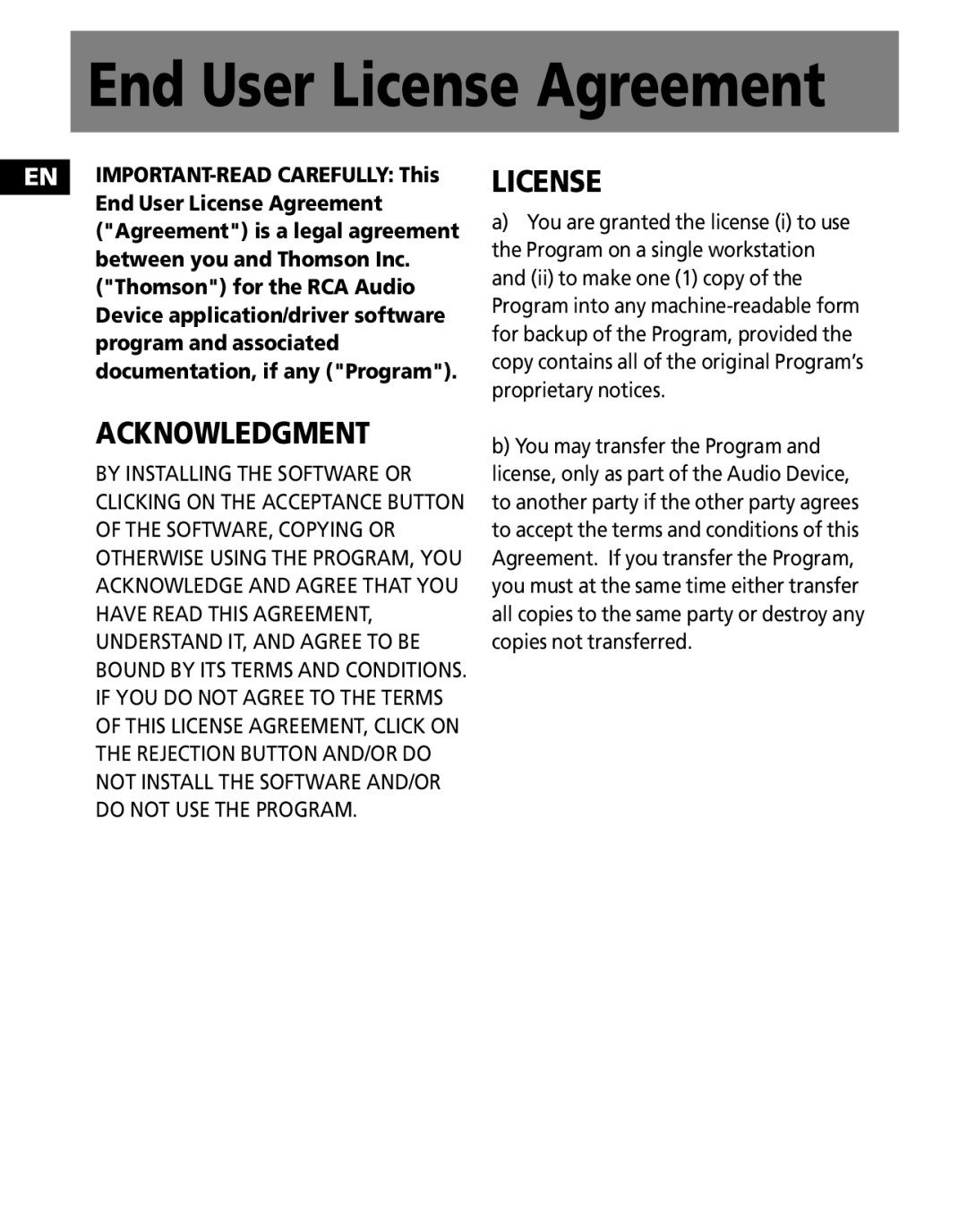 RCA M3000, M3001, MC3001, MC3000 user manual End User License Agreement 