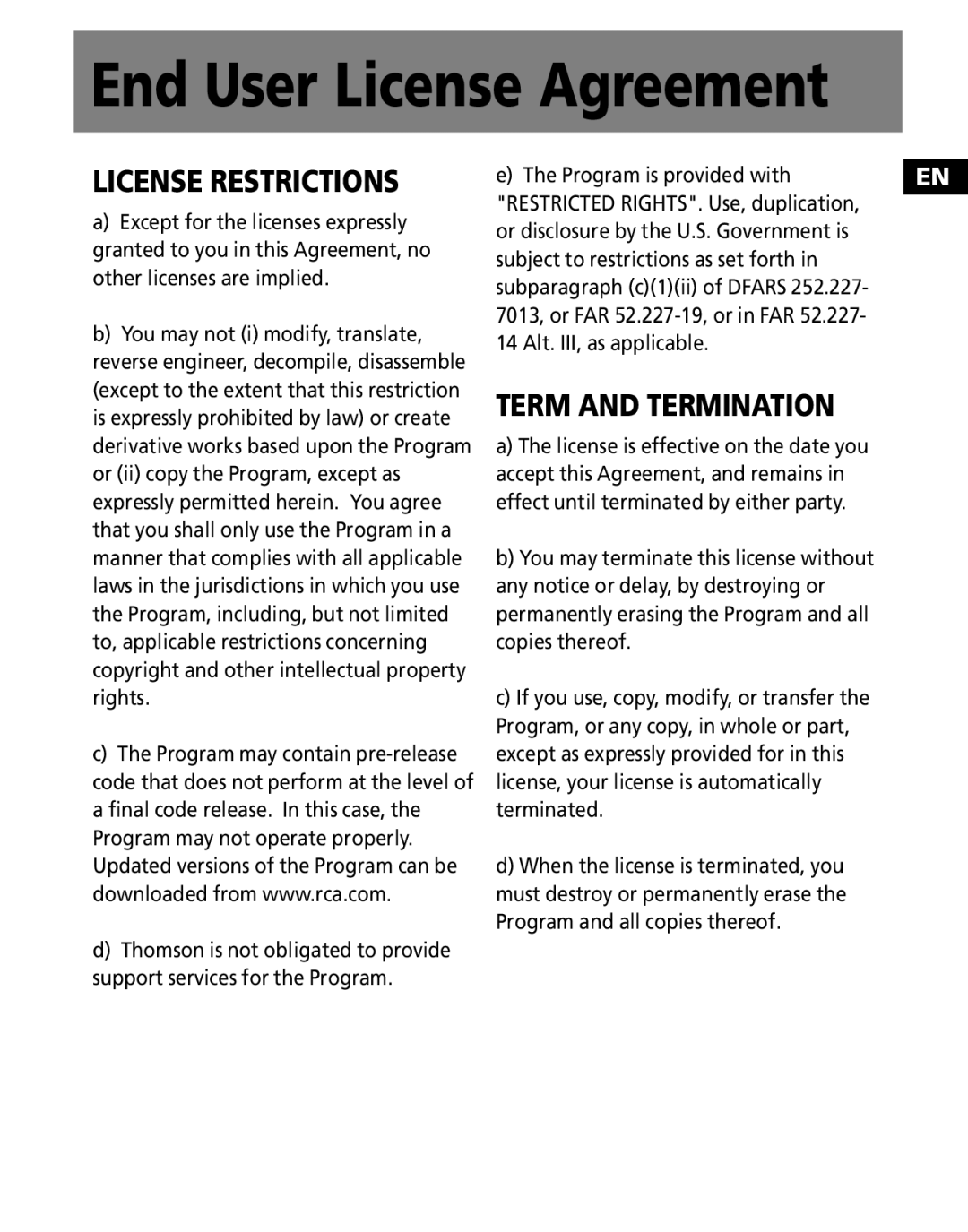 RCA MC3000, M3000, M3001, MC3001 user manual License Restrictions 