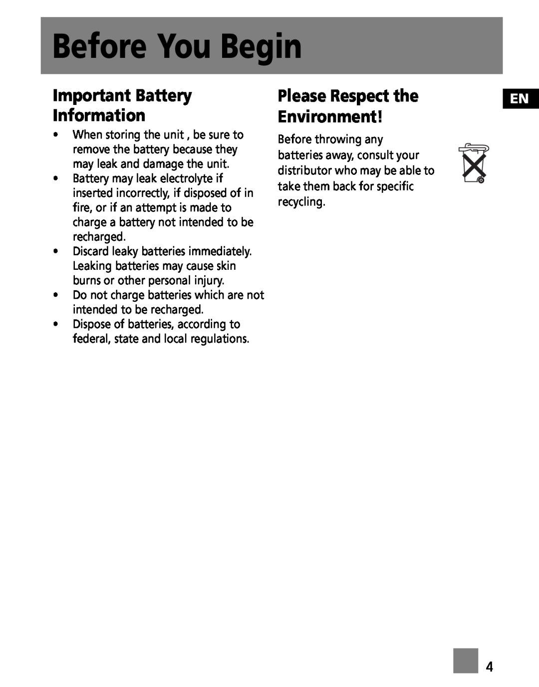 RCA M3001, M3000, MC3001, MC3000 user manual Important Battery Information, Please Respect the, Environment, Before You Begin 