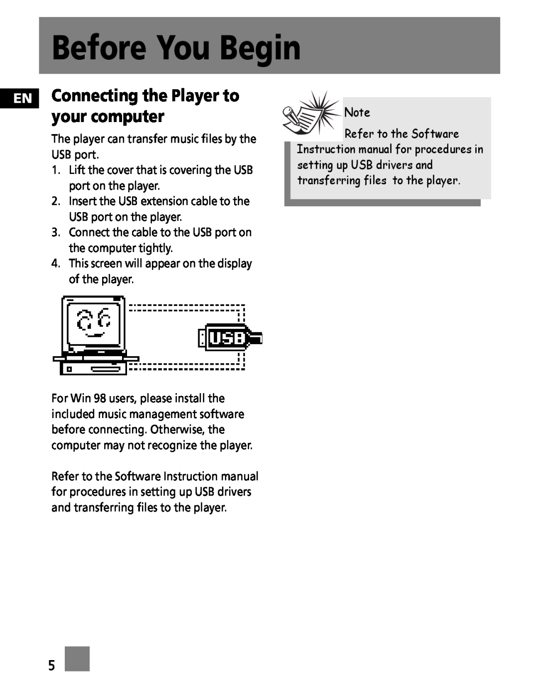 RCA M3000, M3001, MC3001, MC3000 user manual EN Connecting the Player to your computer, Before You Begin 