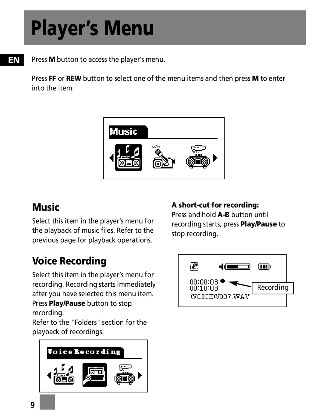 RCA M3000, M3001, MC3001, MC3000 user manual Player’s Menu, Music, Voice Recording, A short-cut for recording 