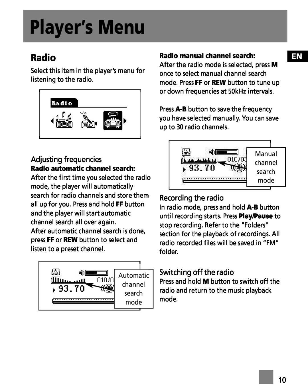 RCA M3001, M3000, MC3001, MC3000 Player’s Menu, Radio, Adjusting frequencies, Recording the radio, Switching off the radio 