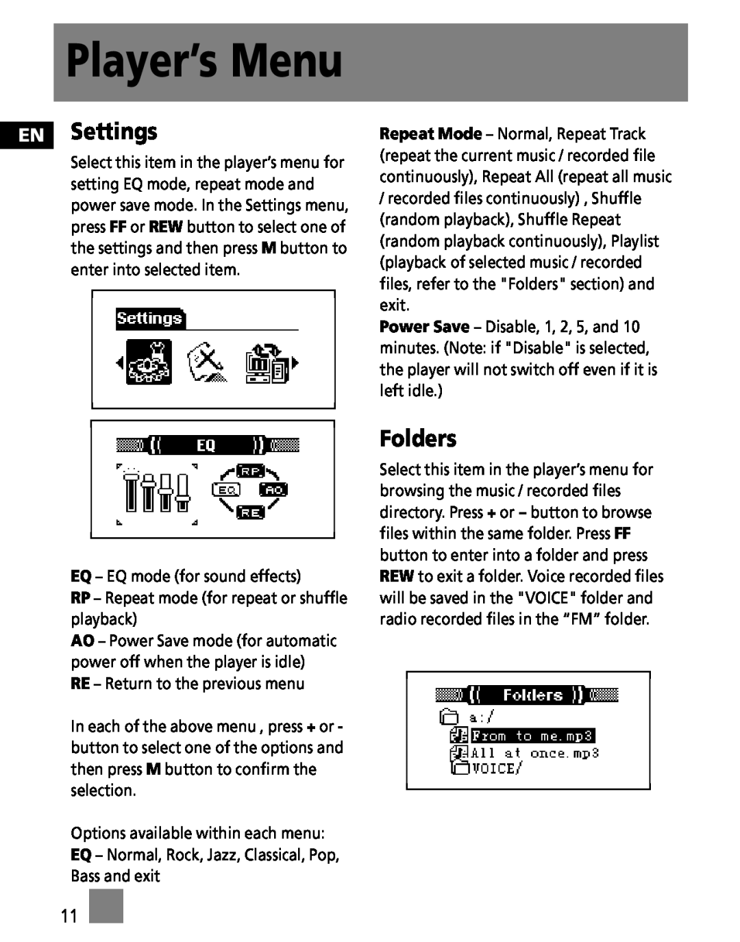 RCA M3000, M3001, MC3001, MC3000 user manual Player’s Menu, EN Settings, Folders 