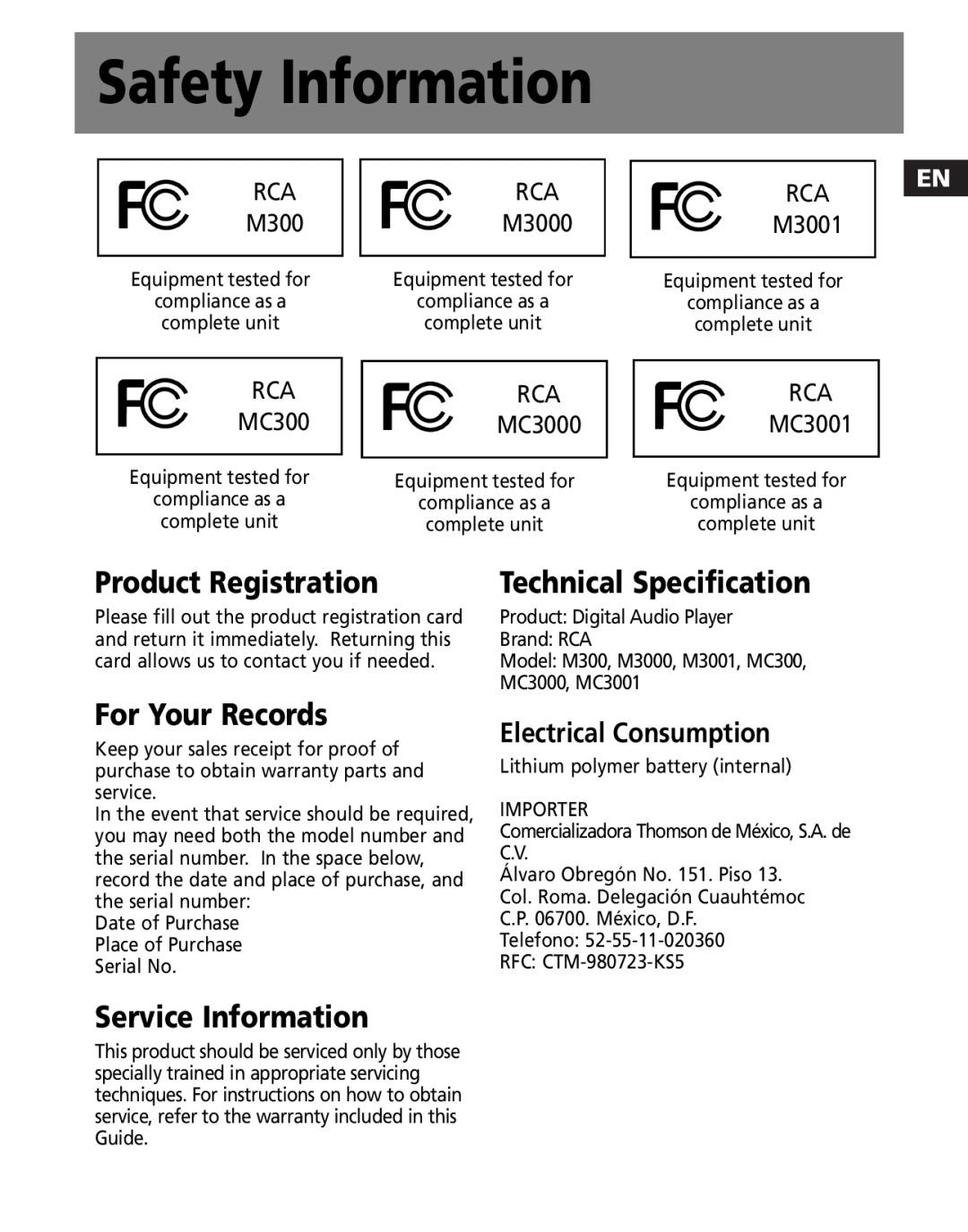 RCA MC3001 Safety Information, Product Registration, For Your Records, Service Information, RCA M3000, RCA M3001 
