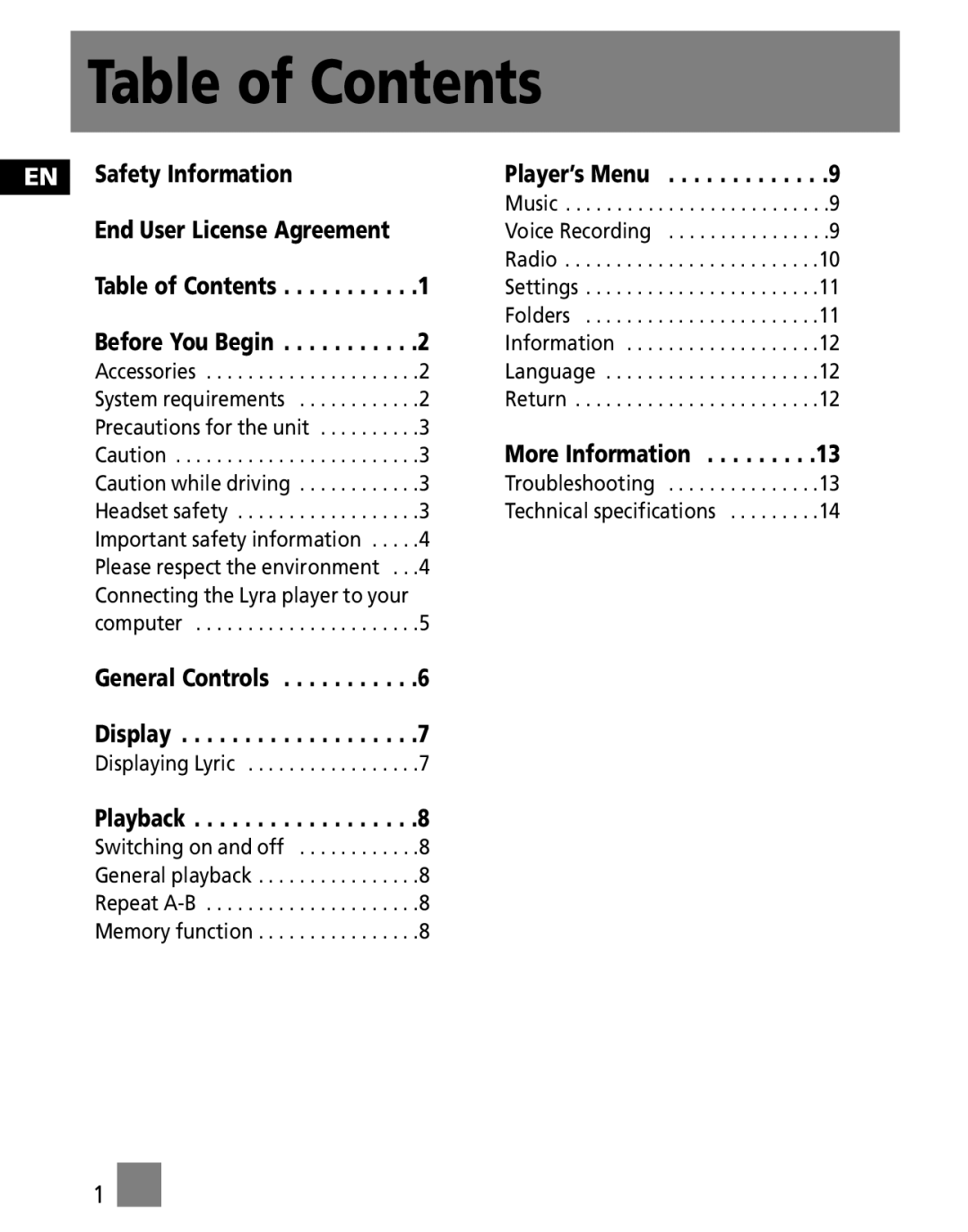 RCA M300E256, M300E512, M300EG1 user manual Table of Contents 