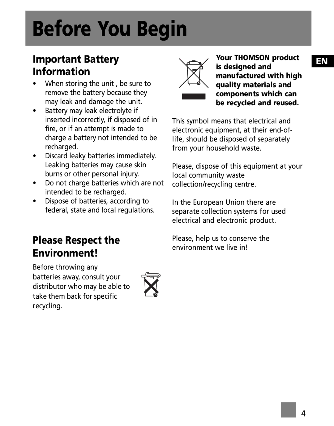 RCA M300E256, M300E512, M300EG1 user manual Important Battery Information, Please Respect Environment 