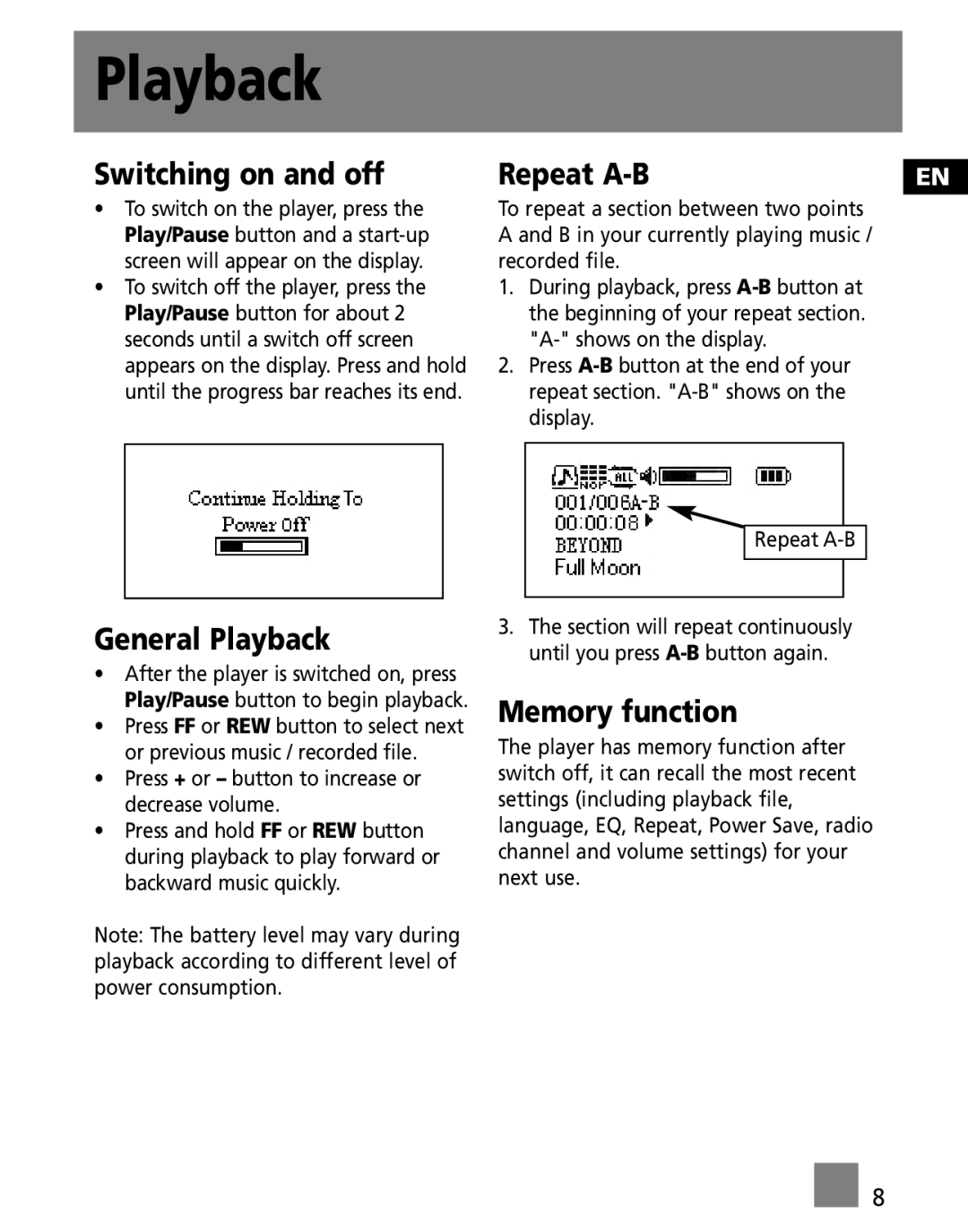 RCA M300EG1, M300E512, M300E256 user manual Switching on and off, General Playback, Repeat A-B, Memory function 