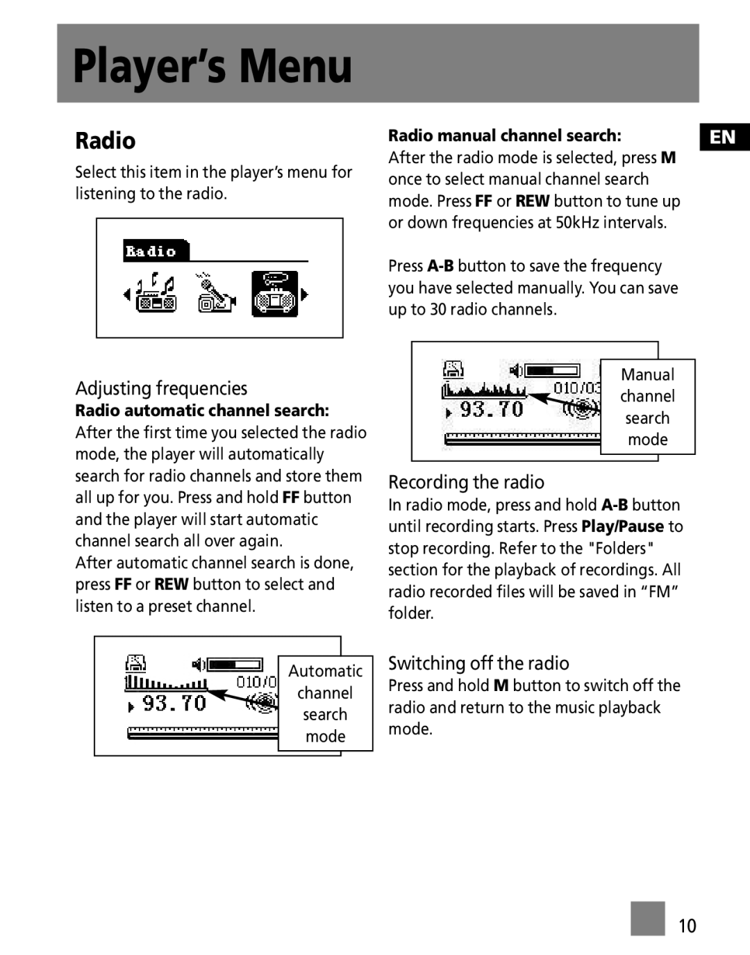 RCA M300E256, M300E512, M300EG1 user manual Player’s Menu, Radio 