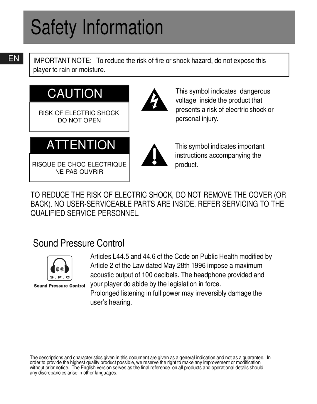 RCA M300EG1, M300E512, M300E256 user manual Safety Information, Sound Pressure Control 