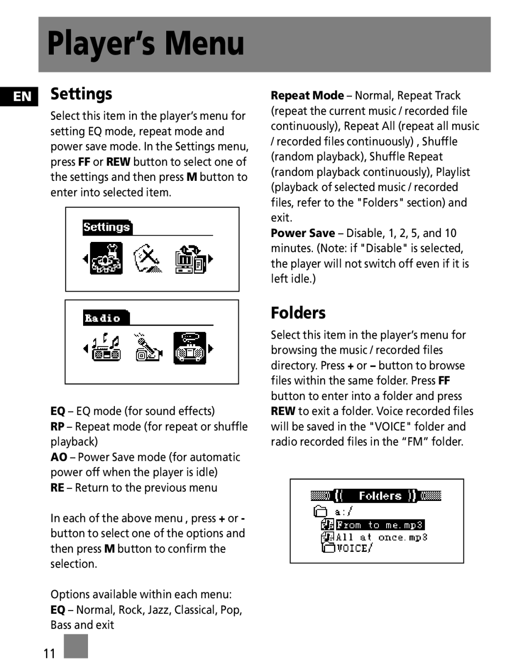 RCA M300EG1, M300E512, M300E256 user manual EN Settings, Folders 