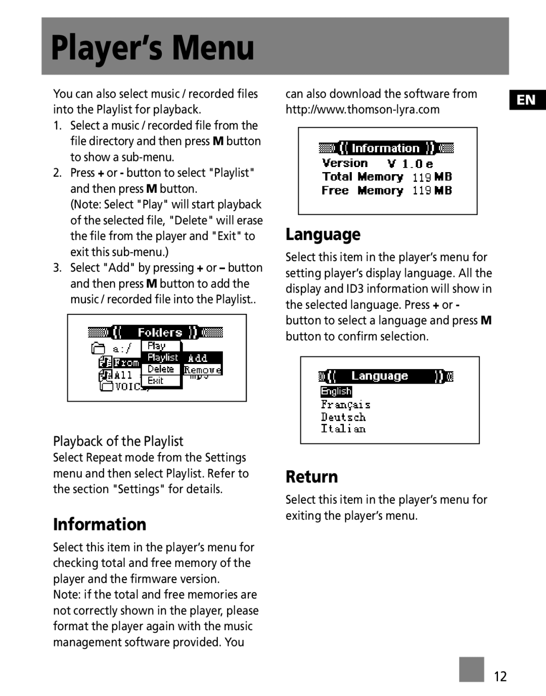 RCA M300E512, M300E256, M300EG1 user manual Language, Return 