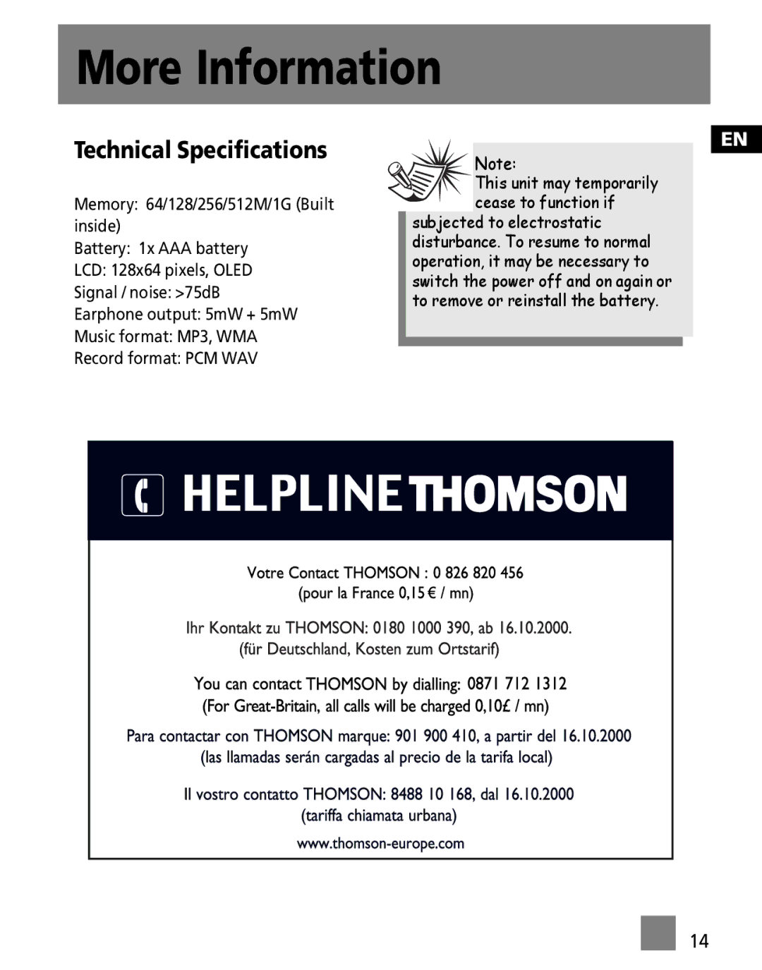 RCA M300EG1, M300E512, M300E256 user manual Technical Specifications 