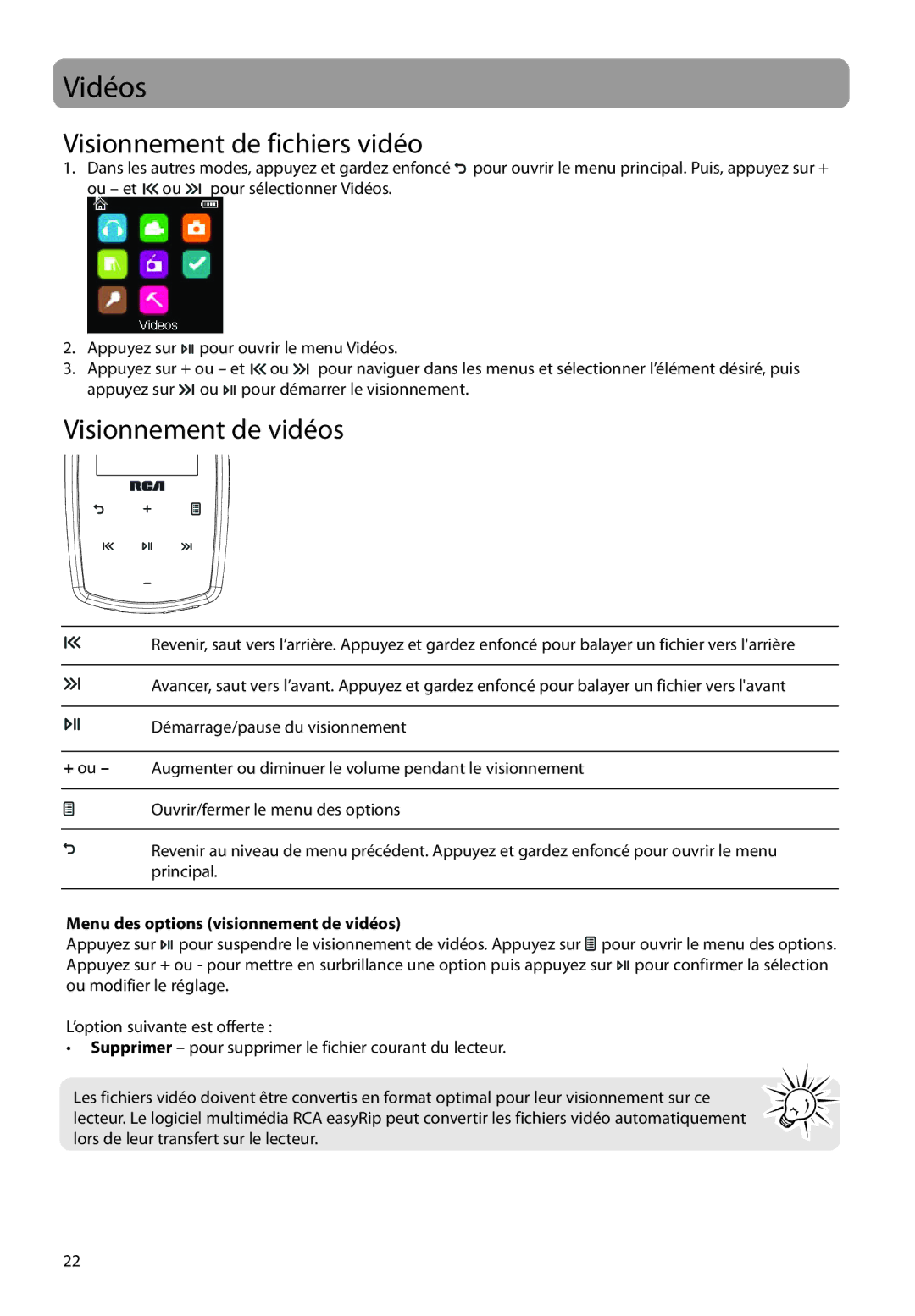 RCA M38 series Vidéos, Visionnement de fichiers vidéo, Visionnement de vidéos, Menu des options visionnement de vidéos 