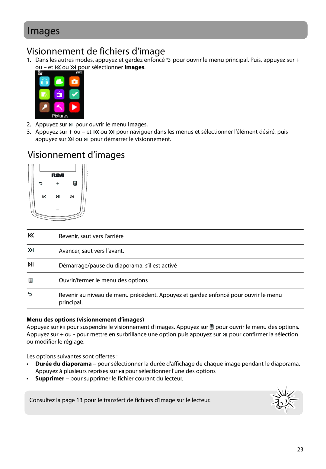 RCA M39 series Images, Visionnement de fichiers d’image, Visionnement d’images, Menu des options visionnement d’images 