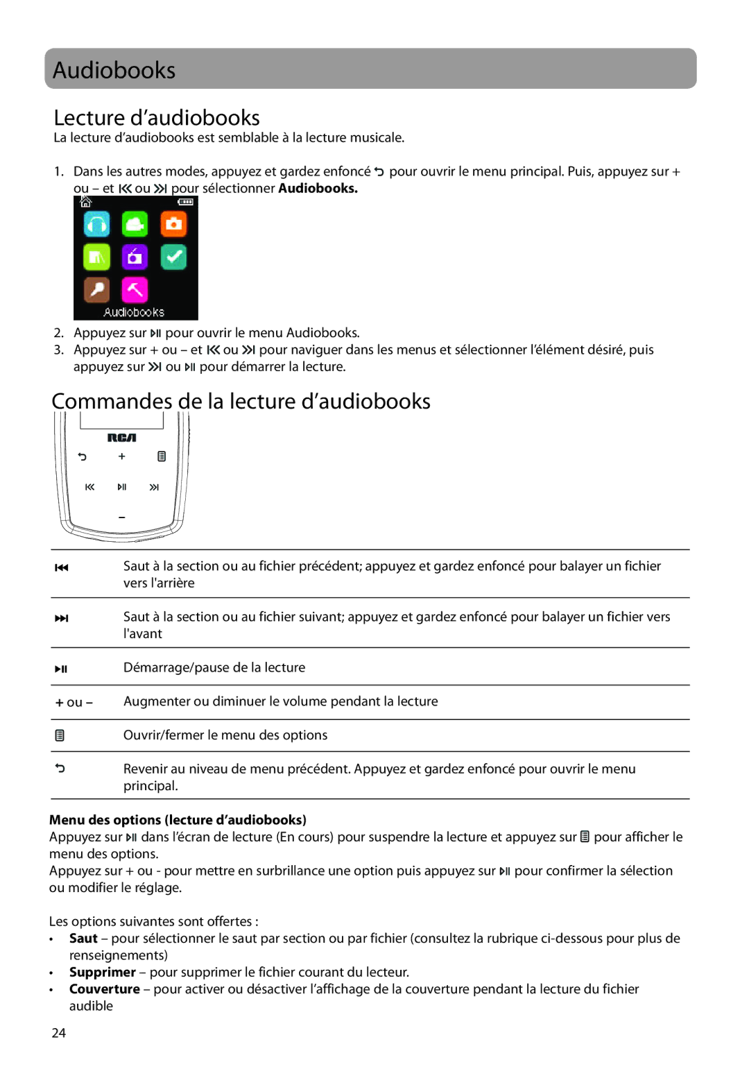 RCA M3816, M3808, M3804 Lecture d’audiobooks, Commandes de la lecture d’audiobooks, Menu des options lecture d’audiobooks 