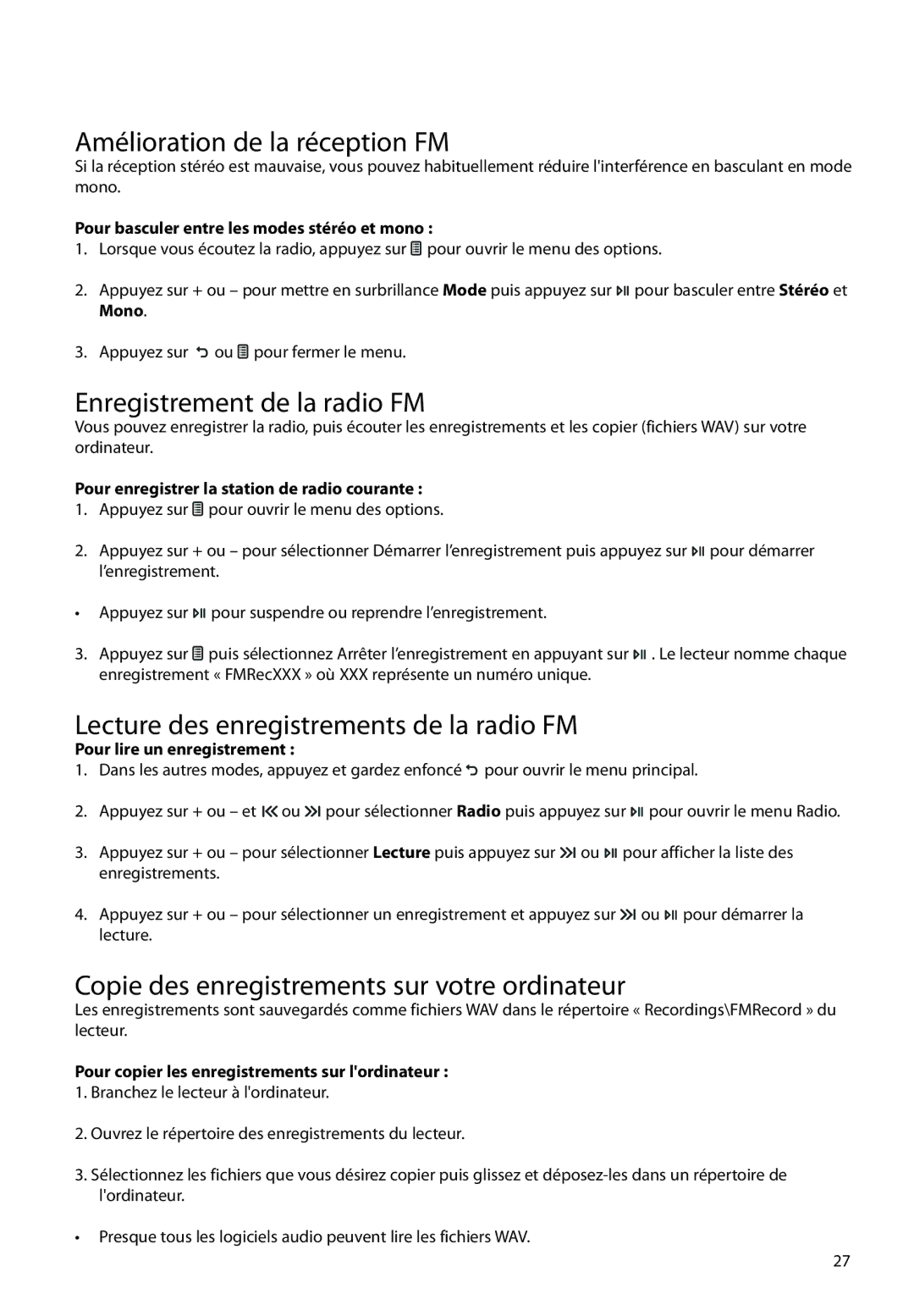 RCA M3904 Amélioration de la réception FM, Enregistrement de la radio FM, Lecture des enregistrements de la radio FM 