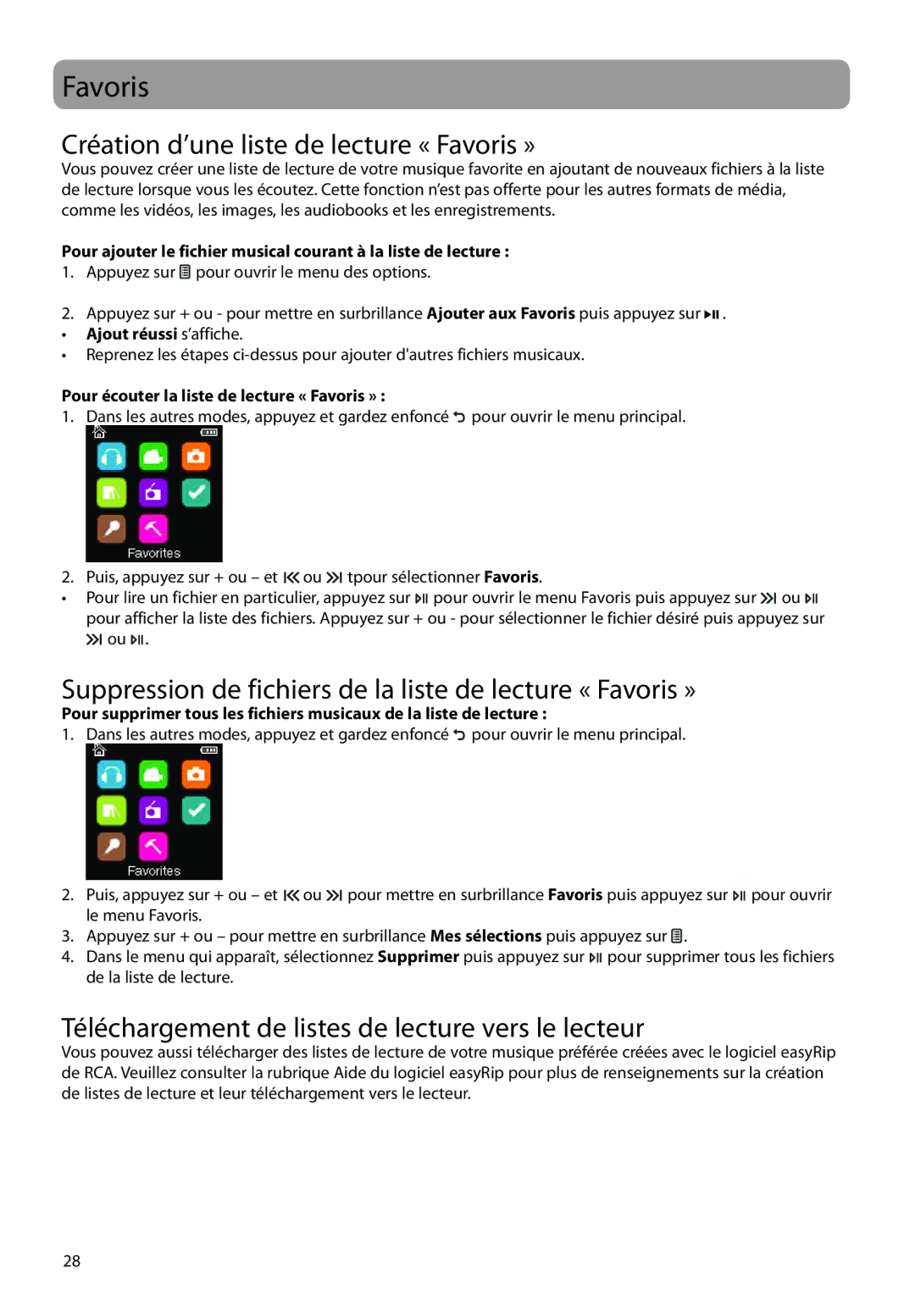 RCA M38 series Création d’une liste de lecture « Favoris », Suppression de fichiers de la liste de lecture « Favoris » 