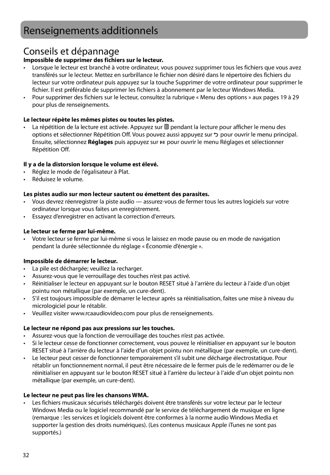 RCA M3804, M3816, M3808, M3904, M38 series, M39 series user manual Renseignements additionnels, Conseils et dépannage 