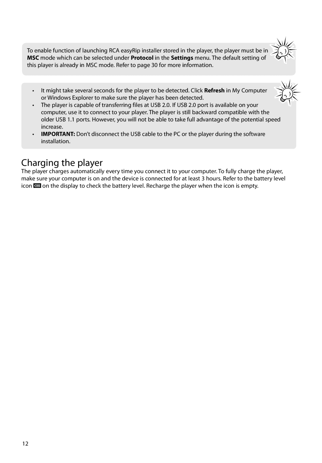 RCA M3808, M3816, M3804, M3904, M38 series, M39 series user manual Charging the player 