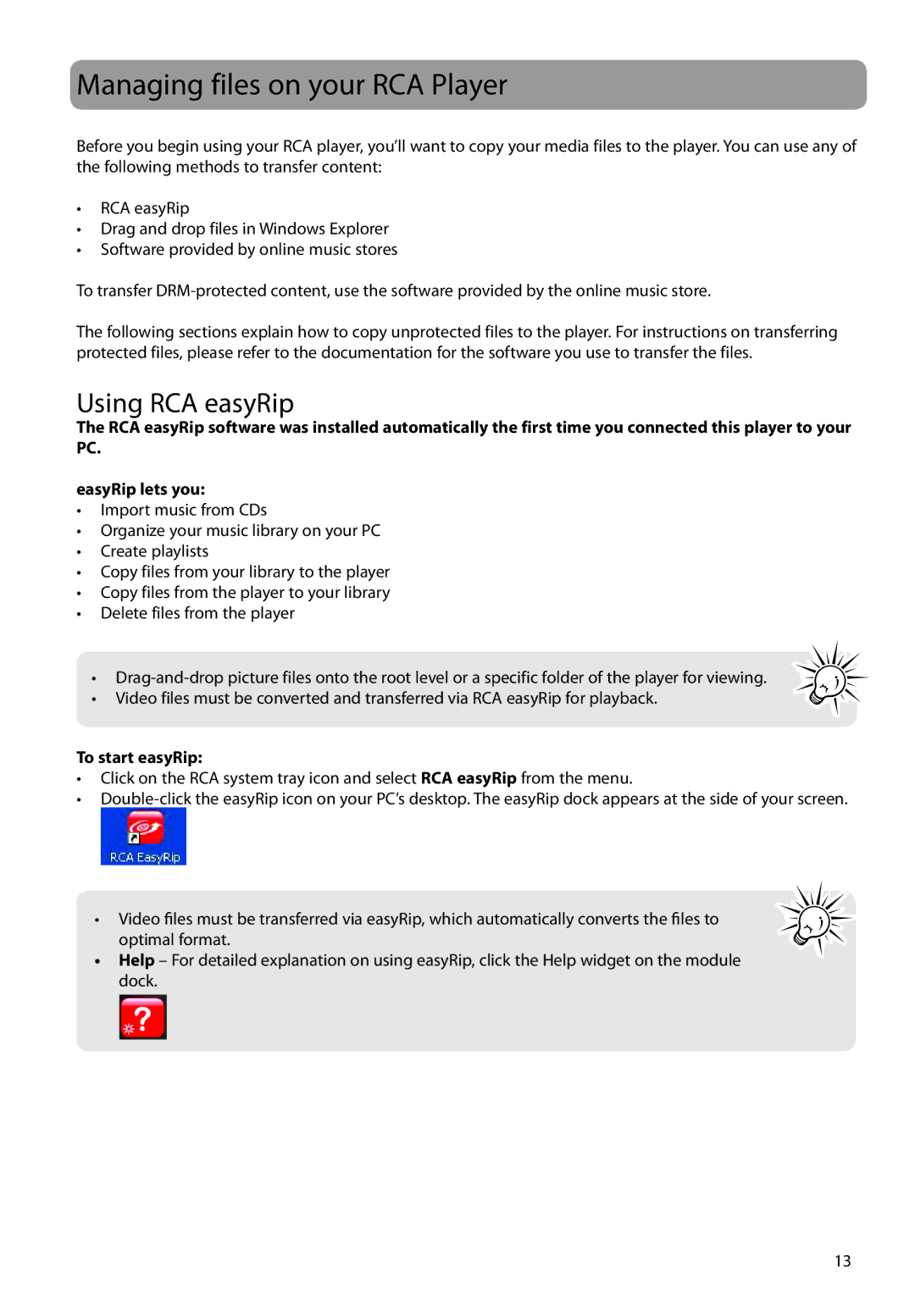 RCA M3804, M3816, M3808, M3904, M38 series, M39 series Managing files on your RCA Player, Using RCA easyRip, To start easyRip 