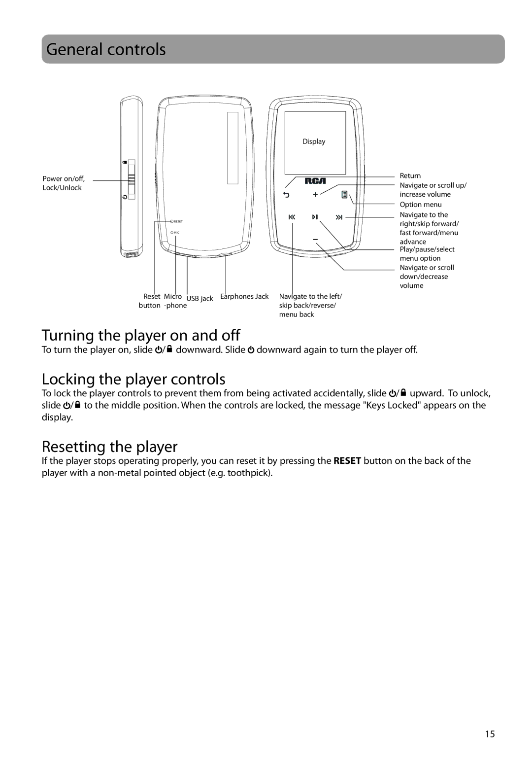 RCA M38 series, M3816 General controls, Turning the player on and off, Locking the player controls, Resetting the player 