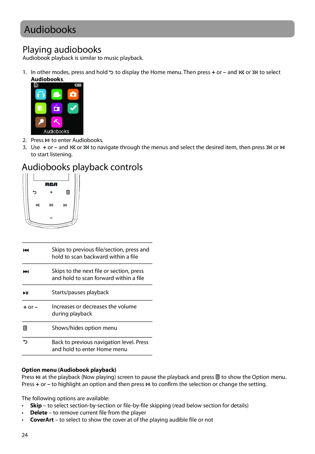 RCA M3808, M3816, M3804, M3904 Playing audiobooks, Audiobooks playback controls, Option menu Audiobook playback 