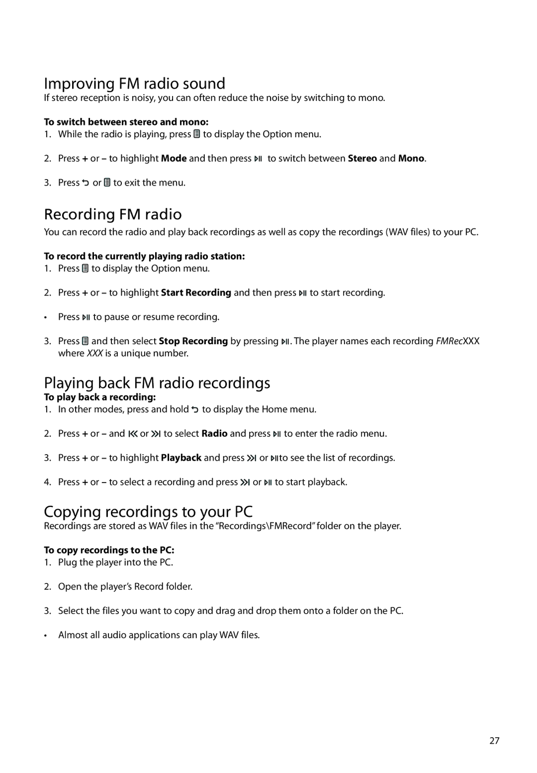 RCA M38 series, M3816, M3808 Improving FM radio sound, Playing back FM radio recordings, Copying recordings to your PC 