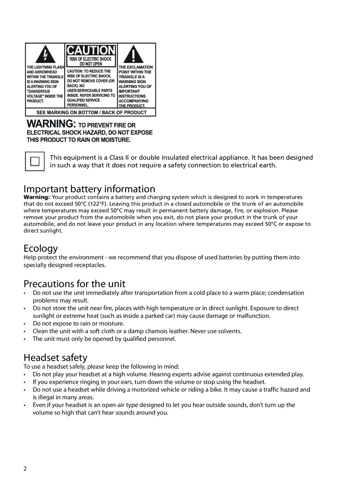 RCA M3904, M3816, M3808, M3804, M38 series Important battery information Ecology, Precautions for the unit, Headset safety 