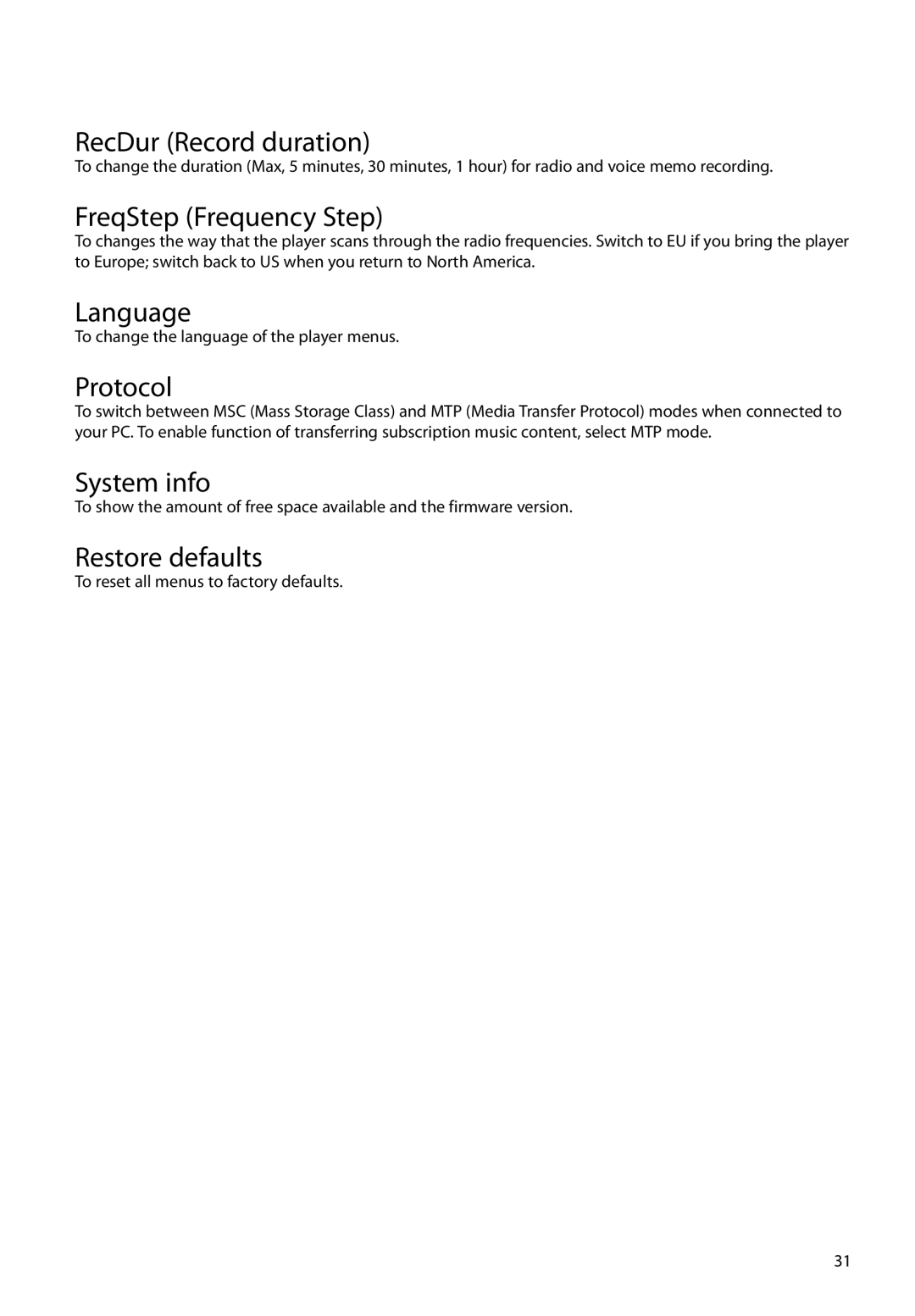 RCA M3804, M3816, M3808 RecDur Record duration, FreqStep Frequency Step, Language, Protocol, System info, Restore defaults 