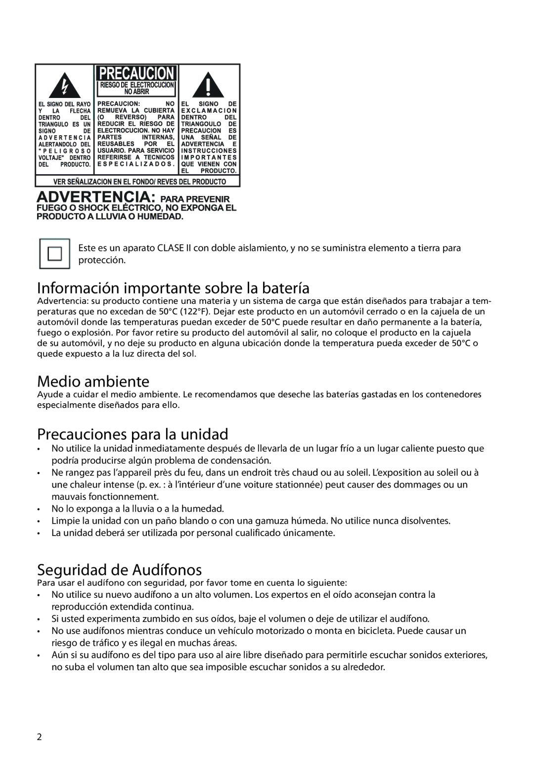 RCA M39 series, M3816, M3808, M3804 Información importante sobre la batería, Medio ambiente, Precauciones para la unidad 