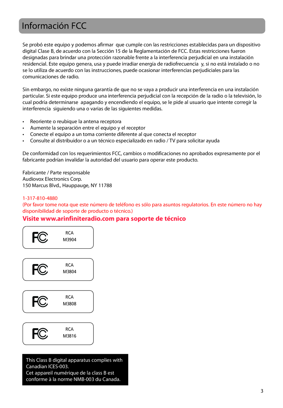 RCA M3816, M3808, M3804, M3904, M38 series, M39 series user manual Información FCC 