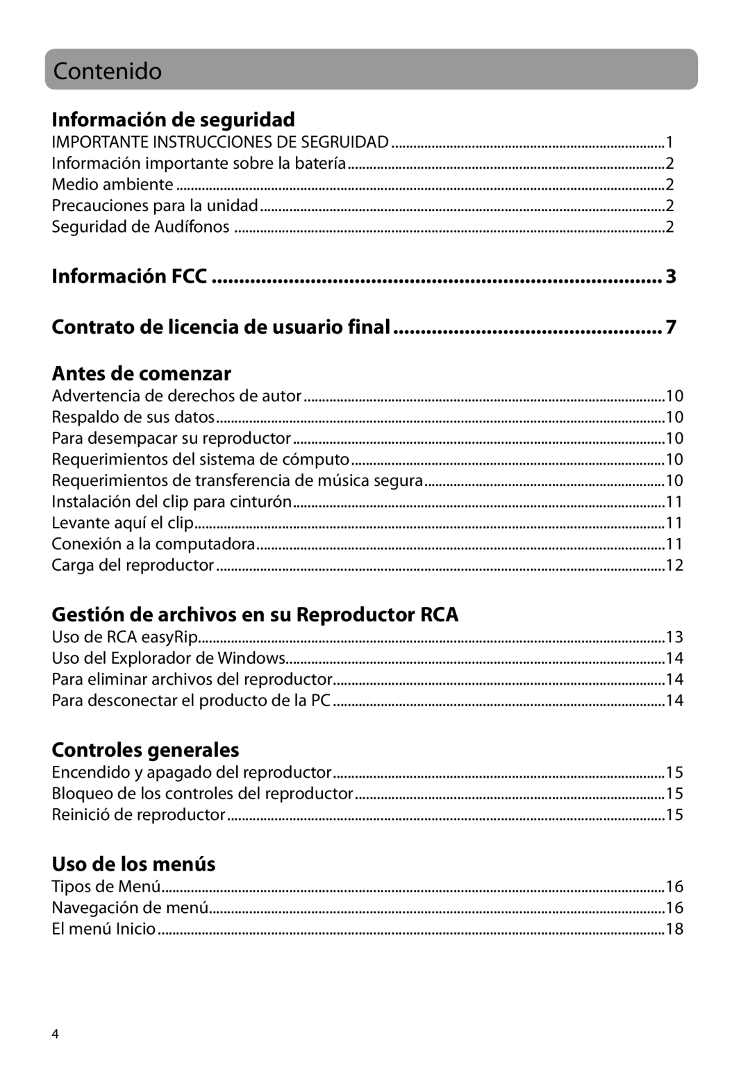 RCA M3808, M3816, M3804, M3904, M38 series, M39 series user manual Contenido, Información de seguridad 