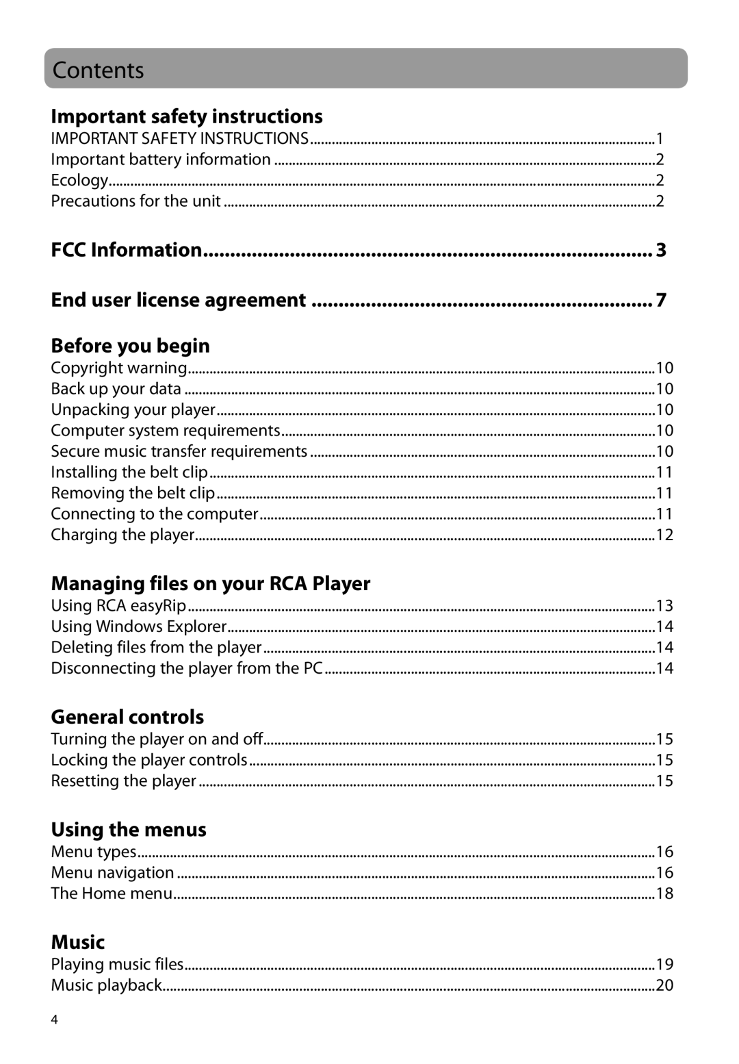 RCA M39 series, M3816, M3808, M3804, M3904, M38 series user manual Contents 