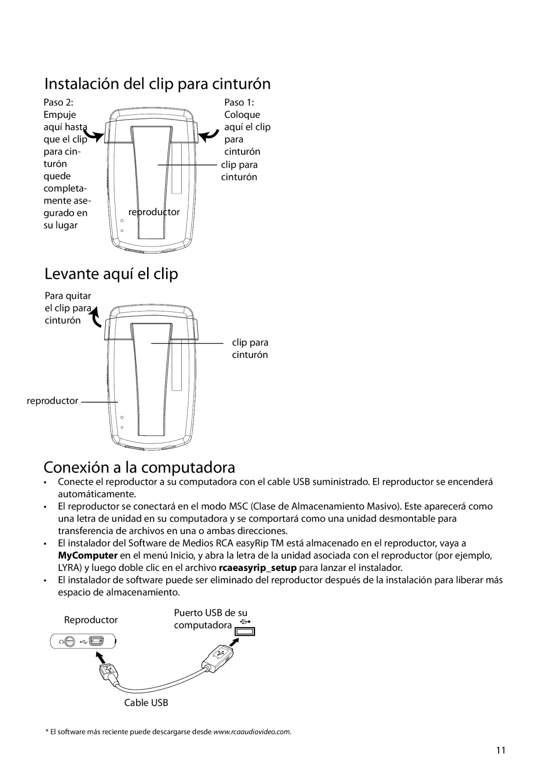 RCA M3804, M3816, M3808, M3904 user manual Instalación del clip para cinturón, Levante aquí el clip, Conexión a la computadora 