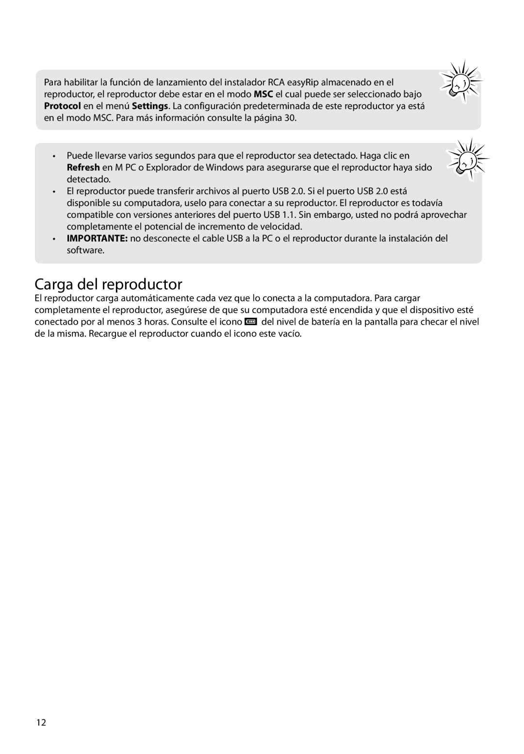 RCA M3904, M3816, M3808, M3804, M38 series, M39 series user manual Carga del reproductor 