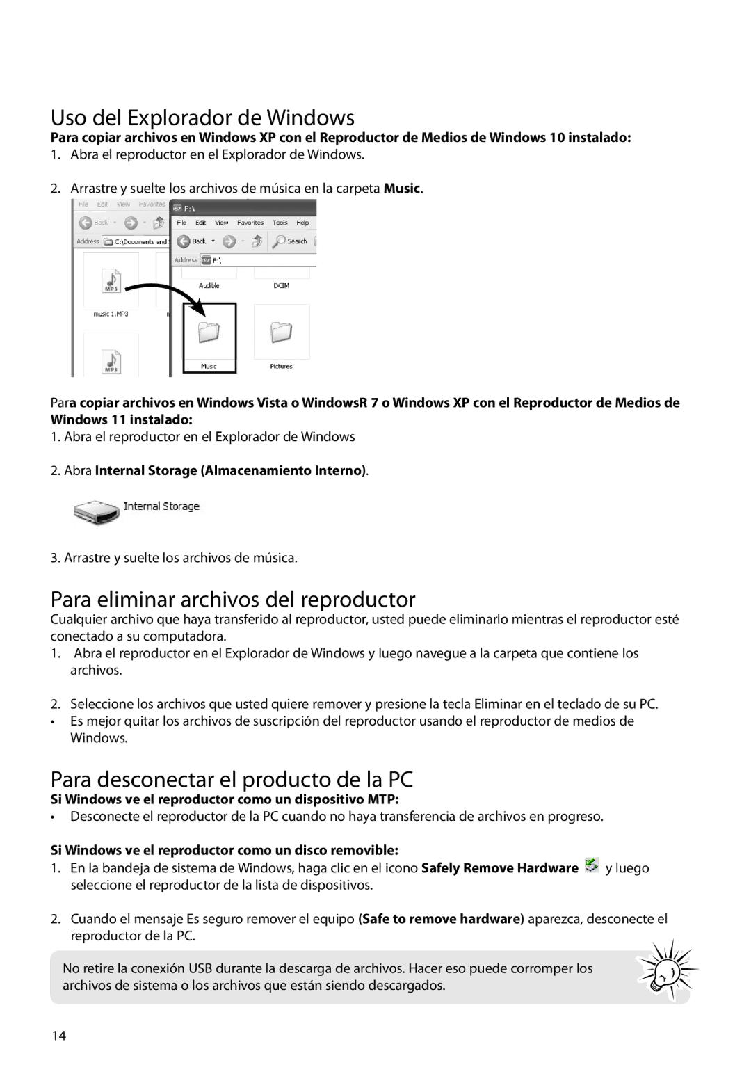 RCA M39 series, M3816, M3808, M3804, M3904, M38 series Uso del Explorador de Windows, Para eliminar archivos del reproductor 