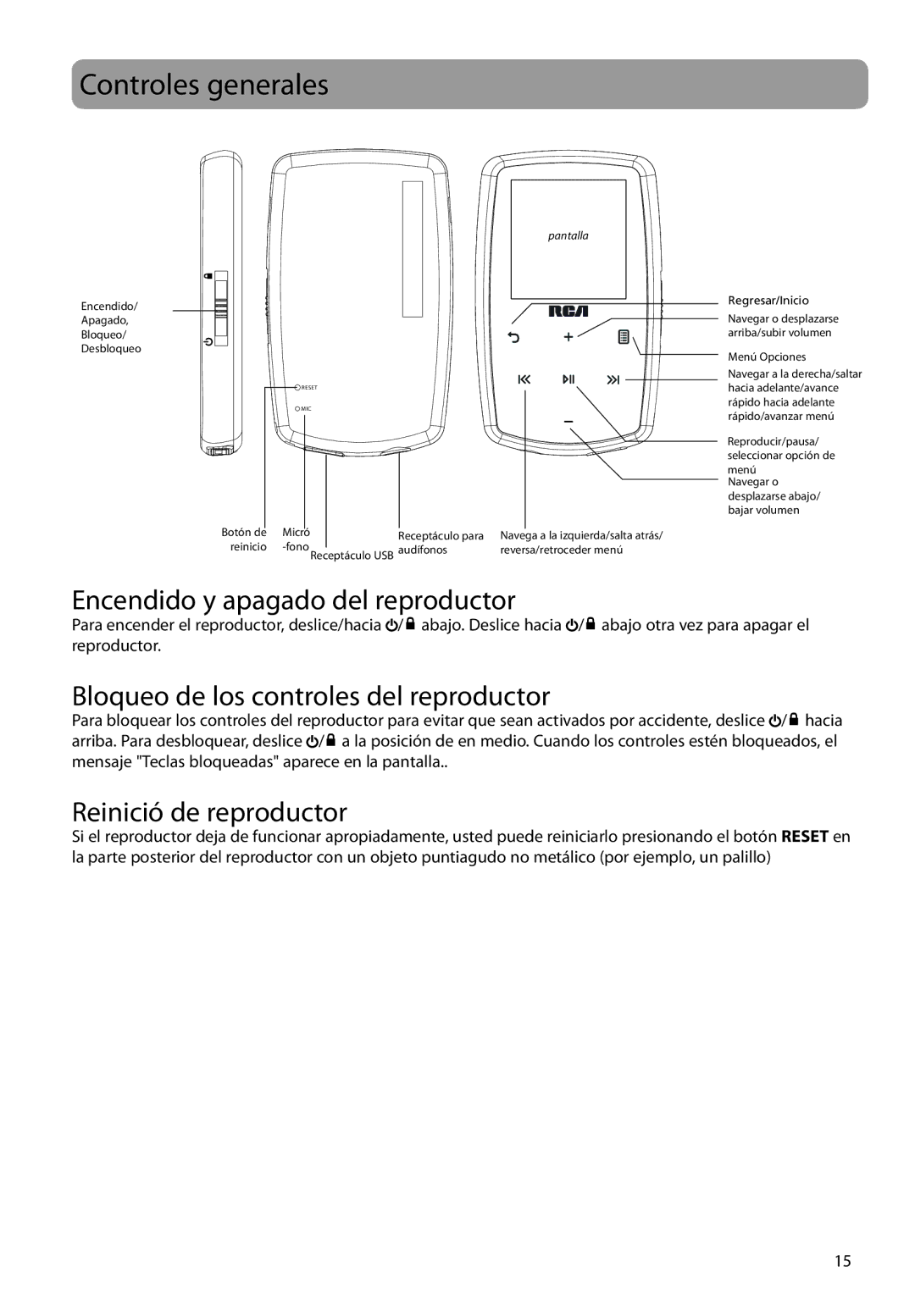 RCA M3816, M3808, M3804 Controles generales, Encendido y apagado del reproductor, Bloqueo de los controles del reproductor 