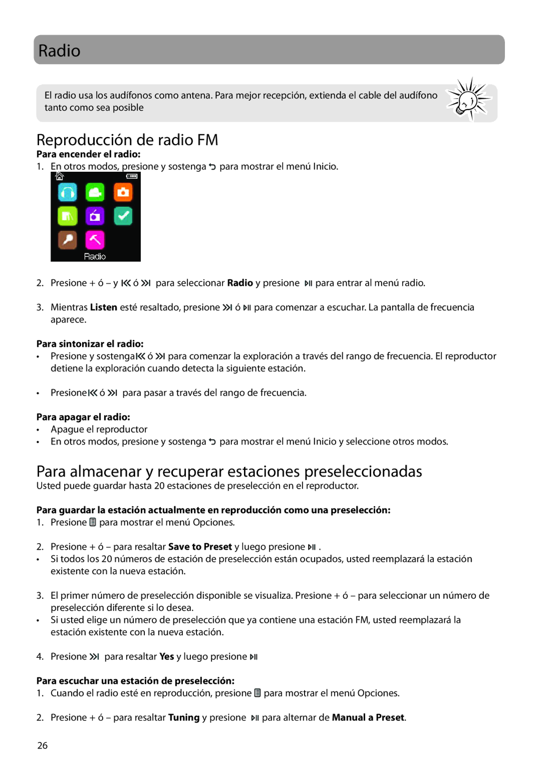 RCA M39 series, M3816, M3808, M3804, M3904 Reproducción de radio FM, Para almacenar y recuperar estaciones preseleccionadas 